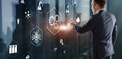 3D Virtual screen dashboard with project management with icons of scheduling communication