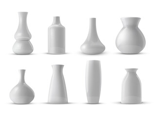 Realistic collection of white ceramic porcelain vase. 3d ceramic glossy pot set.