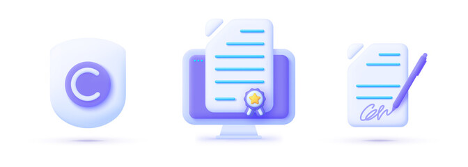 Copyrighting in 3d style on white background. Vector certificate icon. Realistic 3d symbol. Creative concept. Vector set illustration