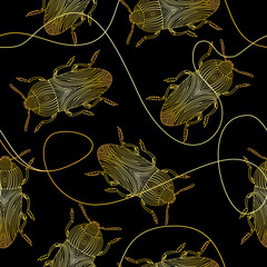 Seamless pattern with golden beetles and chains. Golden pattern with beetles. Vector illustration