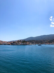 Fototapeta premium Summer Travel Vacation. View On Beautiful Beach On Greece Shore.