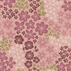 A simple delicate pattern of flowers and leaves in pink, brown, coffee tones. Modern vector floral texture. Summer meadow in soft pastel colors. Seamless pattern for fashionable prints