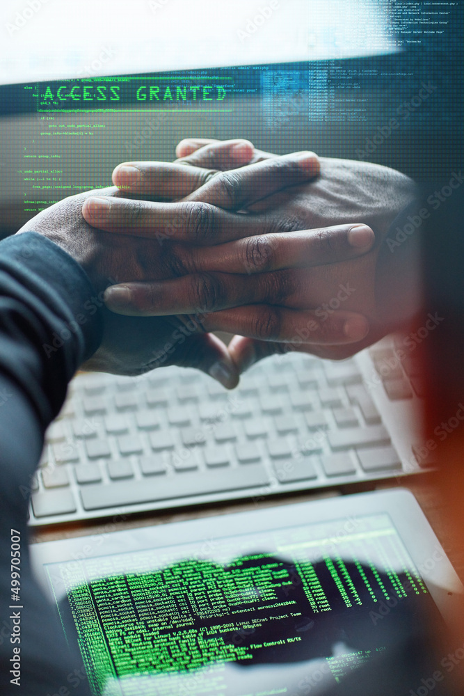 Poster It feels so good to be bad. Cropped shot of an unidentifiable hacker cracking a computer code in the dark.