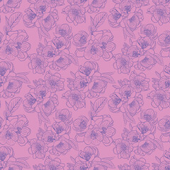 Vector seamless cute pattern of Japanese quince flowers. Silhouettes of purple flowers on a lilac background. A gentle spring illustration. Hand-drawn in sketch style. Pattern for fashionable prints