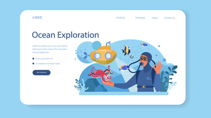 Oceanographer web banner or landing page. Oceanology scientist.