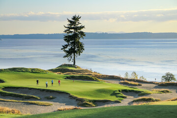 group of friends golfing at chambers bay - obrazy, fototapety, plakaty