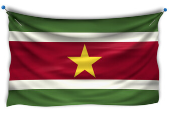 Obraz premium Official flag of Suriname. Patriotic symbol, banner, element, background. The right colors. Wavy flag of Suriname with really detailed fabric texture, exact size, illustration, 3D, pin