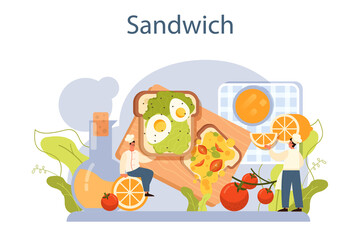 Sandwich. Variety of delicious sandwiches for breakfast. Toast with bacon,