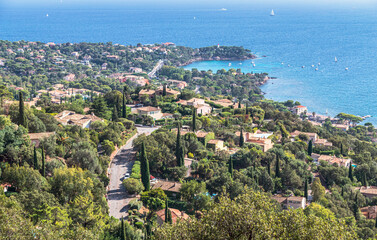 Aerial view of Agay bay and town in Esterel Mountains. Saint Raphael, Provence, Cote d'Azur, France.