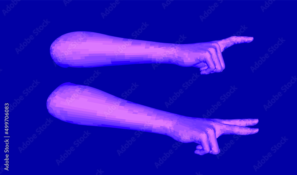 Poster set of 3d low-poly hand models made of polygonal wireframe. futuristic style illustration.