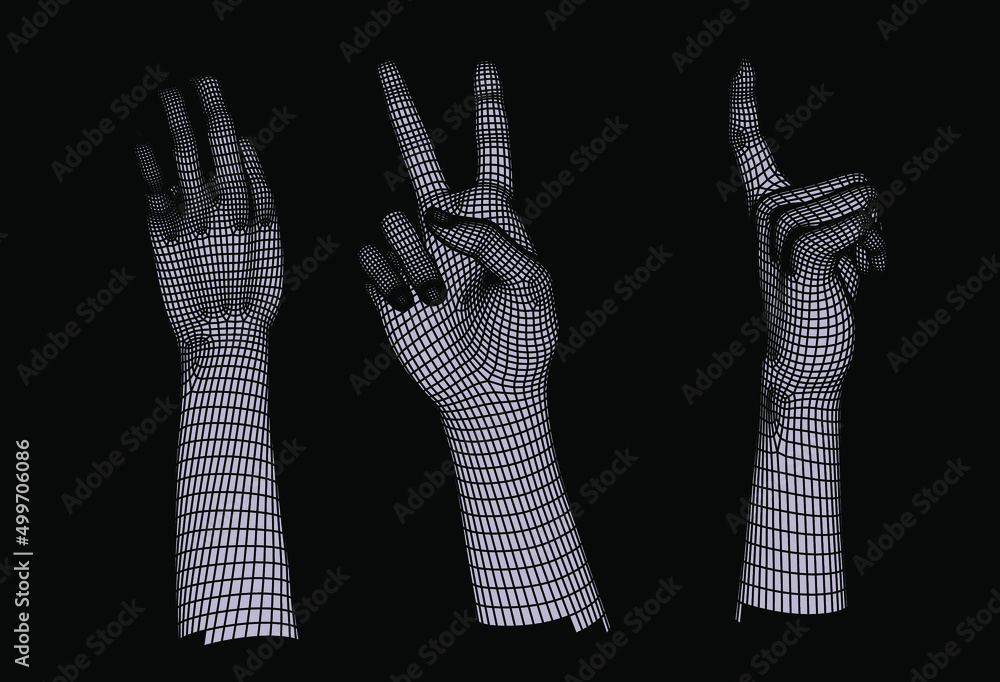Poster set of 3d low-poly hand models made of polygonal wireframe. futuristic style illustration.