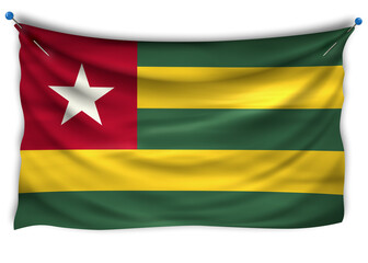 Official flag of Togo . Patriotic symbol, banner, element, background. The right colors. Wavy flag of Togo  with really detailed fabric texture, exact size, illustration, 3D, pin