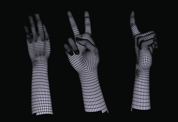 Set of 3D low-poly hand models made of polygonal wireframe. Futuristic style illustration.