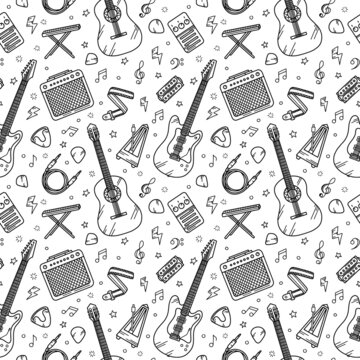 Guitar music seamless pattern in Doodle style. Hand drawn black linear vector classical and electro instruments