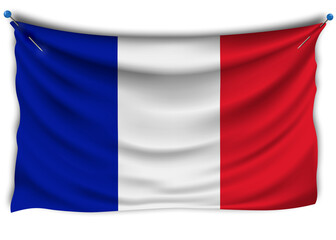 The official flag of France. Patriotic symbol, banner, element, background. The right colors. France wavy flag with really detailed fabric texture, exact size, illustration, 3D, pinned