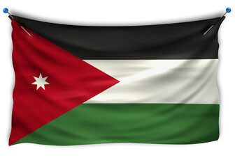 The official flag of Jordan. Patriotic symbol, banner, element, background. The right colors. Jordan wavy flag with really detailed fabric texture, exact size, illustration, 3D, pinned