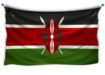 The official flag of Kenya. Patriotic symbol, banner, element, background. The right colors. Kenya wavy flag with really detailed fabric texture, exact size, illustration, 3D, pinned