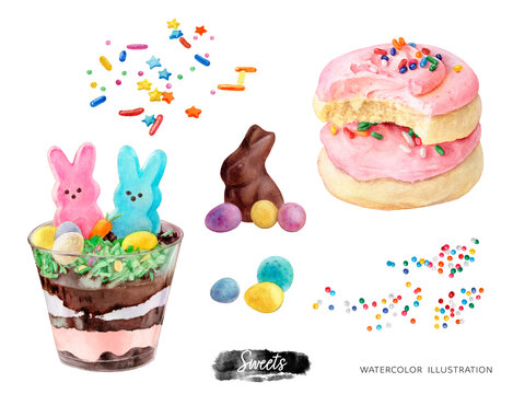 Sweet desserts watercolor isolated on white background. Easter cupcake, easter chocolate bunny, sugar cookies, sprinkles