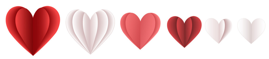 Set of vector volumetric hearts in paper cut style in red, pink and white color