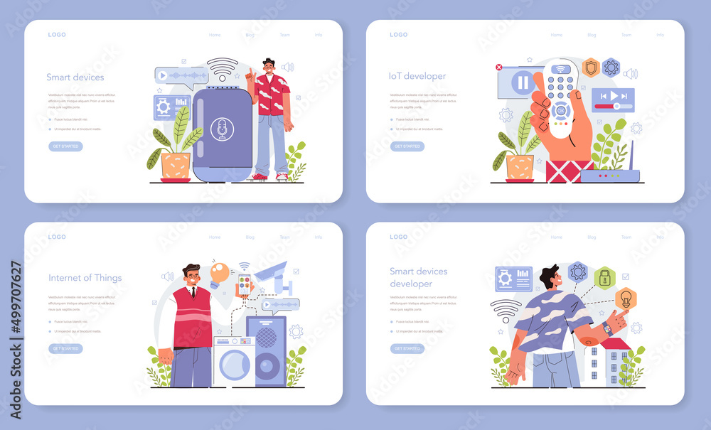Poster internet of things development web banner or landing page set.