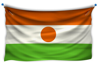 The official flag of  Niger. Patriotic symbol, banner, element, background. The right colors.  Niger wavy flag with really detailed fabric texture, exact size, illustration, 3D, pinned