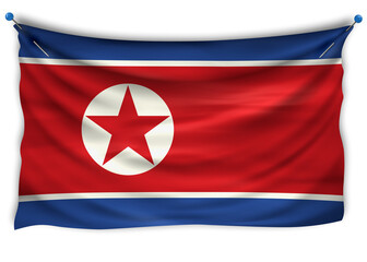 The official flag of North Korea. Patriotic symbol, banner, element, background. The right colors. North Korea wavy flag with really detailed fabric texture, exact size, illustration, 3D, pinned