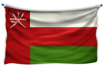 Official flag of Oman. Patriotic symbol, banner, element, background. The right colors. Oman wavy flag with really detailed fabric texture, exact size, illustration, 3D, pinned