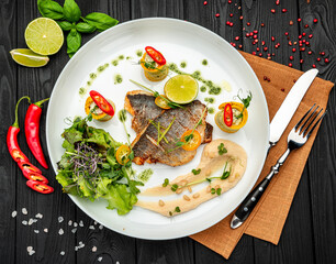 Veal medallion with salad and hummus hummus