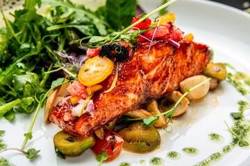 Grilled salmon fillet with vegetables mix.
