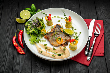 Fried dorado fillet with stewed vegetables and vegetable puree