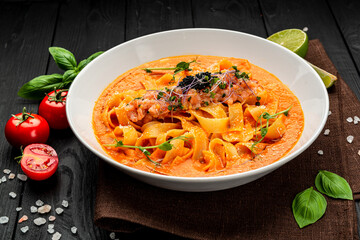 Pasta with salmon tartare and tomato sauce, Italian Food.