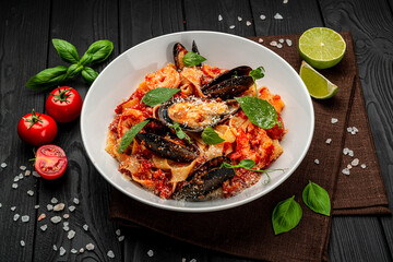 Italian seafood spaghetti pasta pescatore with mussels clams shrimp