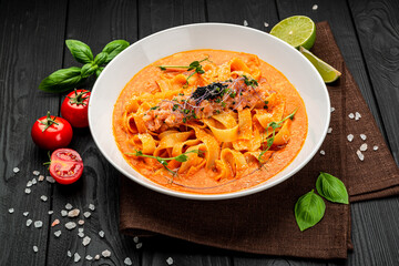 Pasta with salmon tartare and tomato sauce, Italian Food.