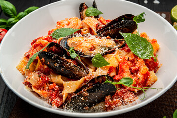 Italian seafood spaghetti pasta pescatore with mussels clams shrimp