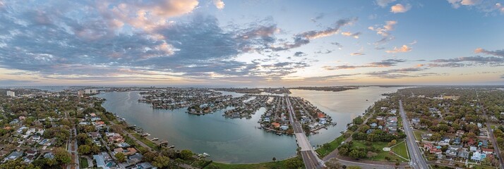 Drone panorama over South Causeway Isles and Treasure Island in St. Petersburg in Florida during...