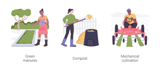 Organic farming methods isolated cartoon vector illustrations set.