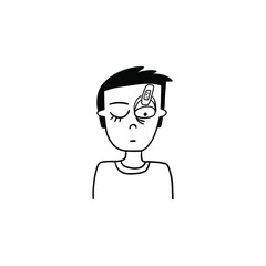 Man with a patch on his eyelid opens his eyes. Funny portrait of tired person. Cartoon character illustration.