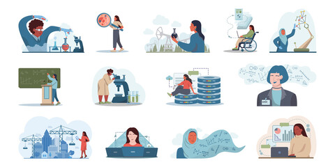 Diverse women in AI and STEM concept set. Female character works