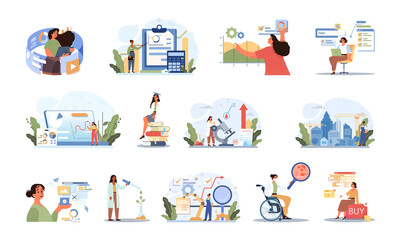 Diverse women in AI and STEM concept set. Female character works