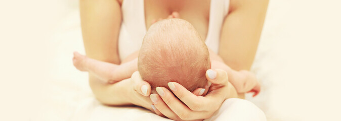 Portrait close up of baby infant sleeping on mother's hands on white background