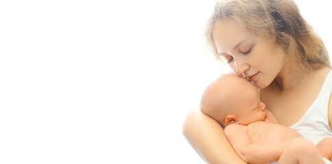 Baby sleeping on mother's hands on white background