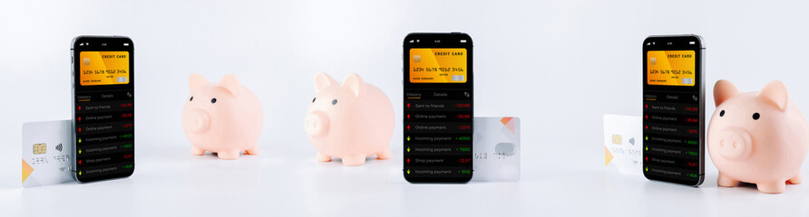Online banking collection. Mobile phone with internet online bank app. Pig bank with credit card on white background. Save money business wallet set.