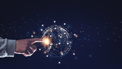 Man's finger point the virtual world. Internet connection concept with metaverse, global business...