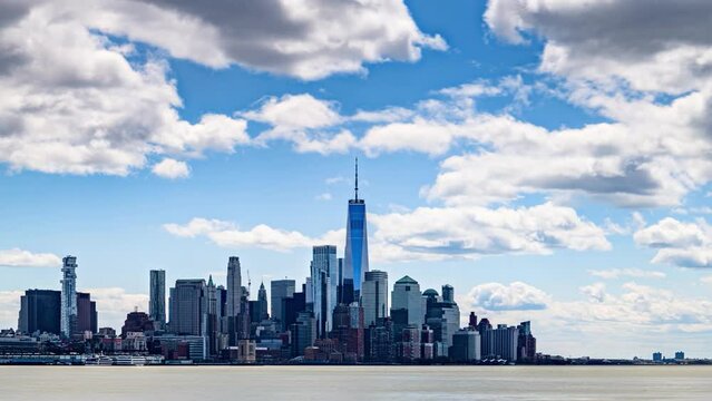 Lower Manhattan Skyline on Easter 2022, Day Timelapse Video with Clouds from Hoboken, NJ