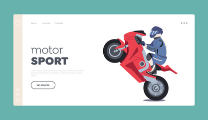 Motor Sport Landing Page Template. Motorcyclist Stuntman Male Character Riding Motorcycle Making Extreme Stunts
