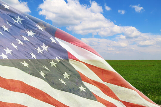 transparent american flag overlay green american farmland field majestic blue sky usa pride holiday photography effect background