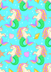 Mermaid unicorn with seashells. Vector seamless pattern