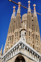 Construction of the Sagrada Familia in Barcelona. Cranes over the temple.