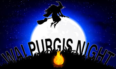 Walpurgis night witch in the sky, vector art illustration.