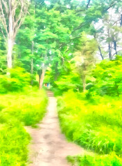 Obraz premium path in the middle of a green summer forest watercolor abstraction